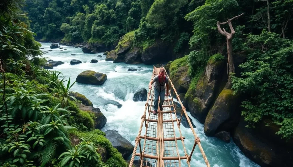 Trekker crossing a river on a traditional bridge en route to Sumantri Peak