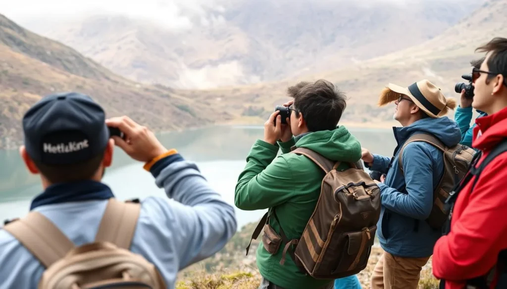 Trekker photographing wildlife near Jimilang Tsho (Sand Ox Lake) in Bhutan