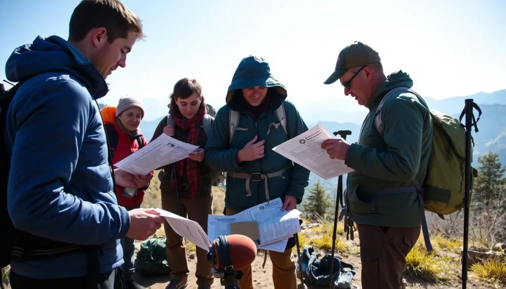 Trekker preparing equipment and checking permits before hiking to Jimilang Tsho (Sand Ox Lake) in Bhutan