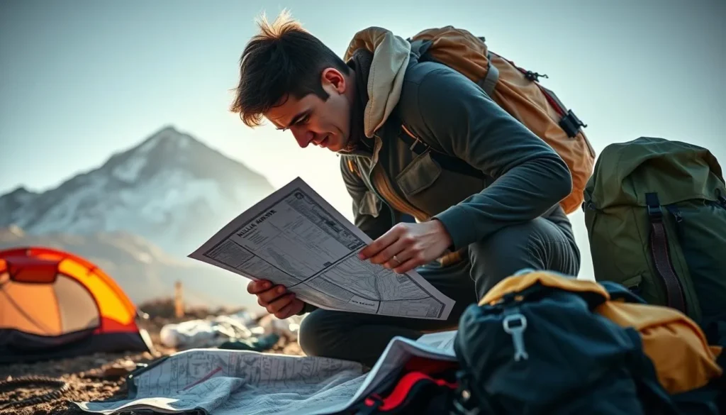 Trekker preparing equipment with Kula Kangri in background