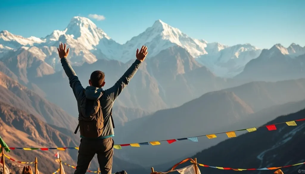 Trekker with arms raised in celebration at Annapurna Base Camp with panoramic mountain views