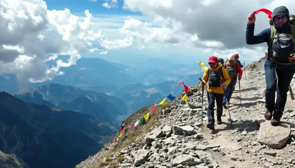 Trekkers crossing a high mountain pass on the Masagang trek with prayer flags