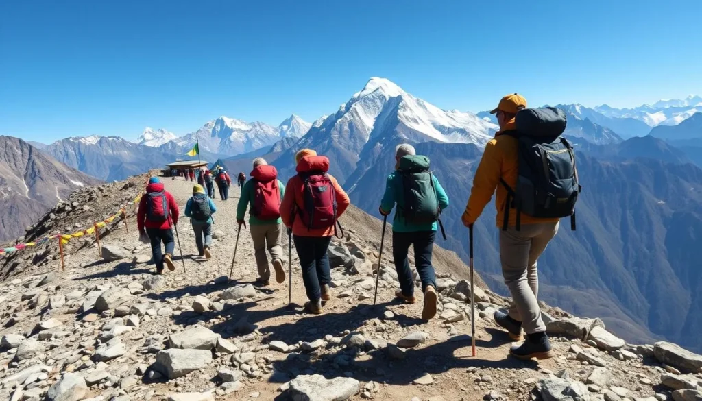 Trekkers crossing a high mountain pass on the Snowman Trek in Lunana Range, Bhutan