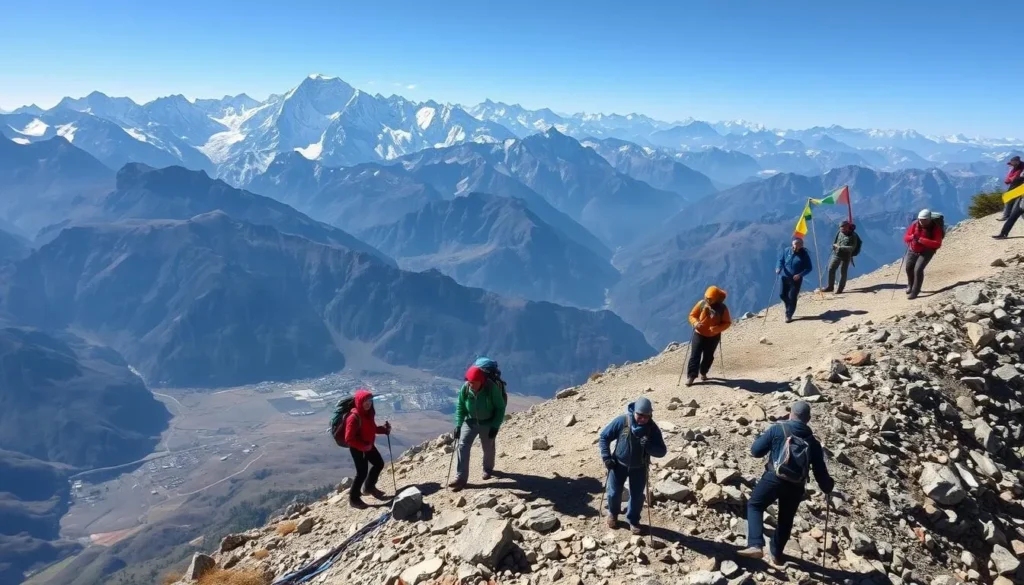 Trekkers crossing a high mountain pass on the route to Raphstreng Tsho