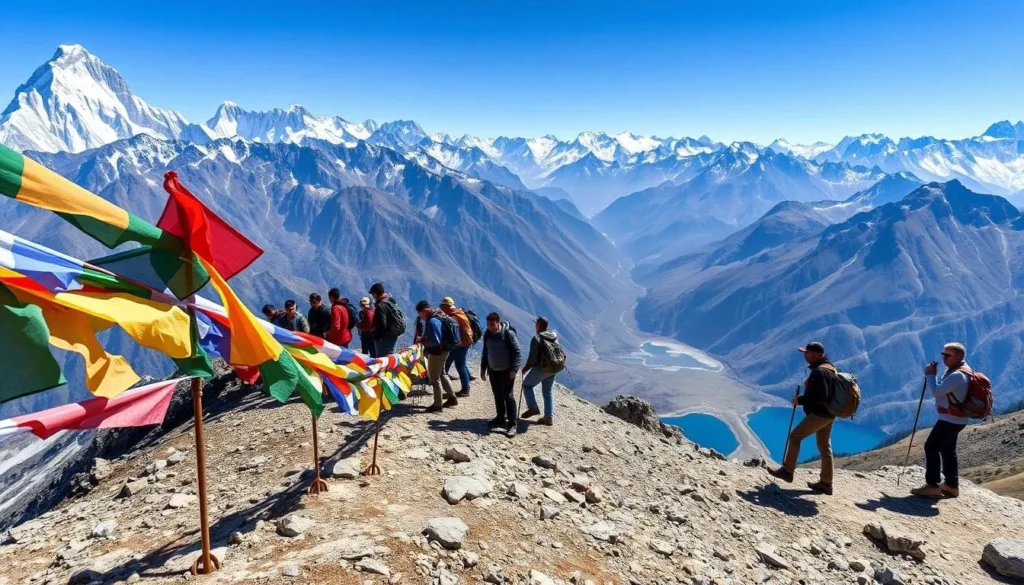 Trekkers crossing a high mountain pass on the way to Thorthormi Lake with prayer flags in the foreground