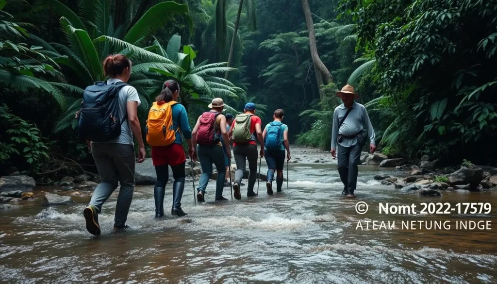 Trekkers crossing a jungle stream in Mount Leuser National Park Trekkers crossing a jungle stream in Mount Leuser National Park