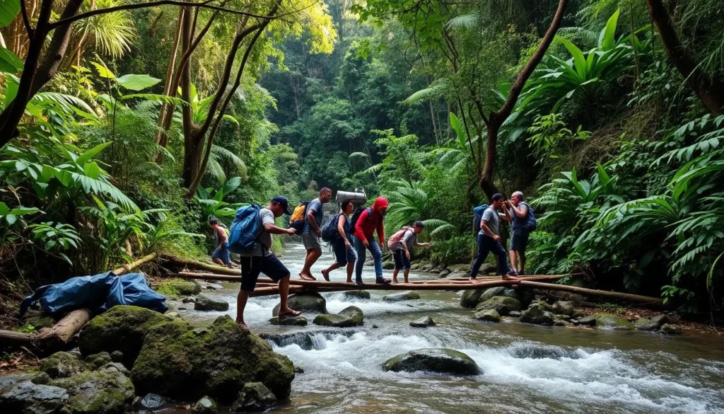 Trekkers crossing a river in the rainforest on the approach to Puncak Jaya Trekkers crossing a river in the rainforest on the approach to Puncak Jaya