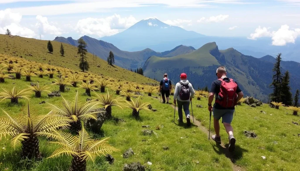 Trekkers crossing alpine meadows with tree ferns on the way to Puncak Trikora Trekkers crossing alpine meadows with tree ferns on the way to Puncak Trikora