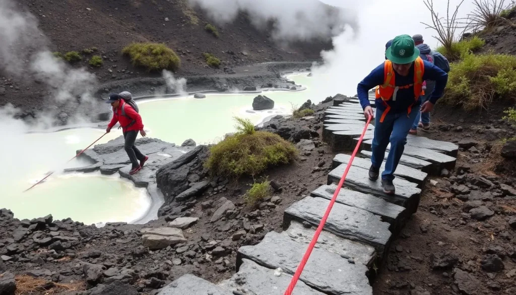 Trekkers crossing the hot springs area on Mount Gede trail with safety ropes Trekkers crossing the hot springs area on Mount Gede trail with safety ropes