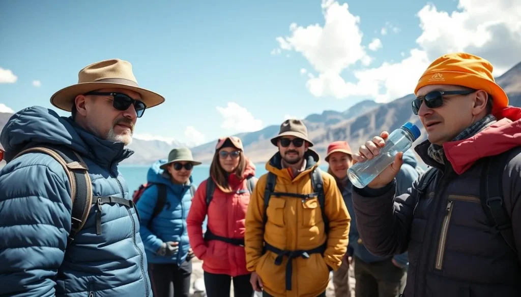 Trekkers dressed appropriately for high altitude at Jimilang Tsho (Sand Ox Lake) in Bhutan