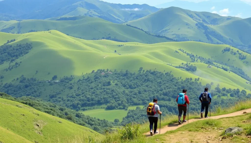 Trekkers hiking on a scenic trail in the hills around Dharan