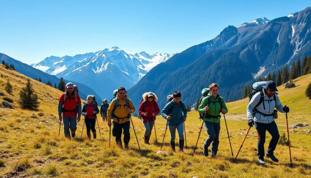 Trekkers hiking through alpine meadows with mountain views in Wangchuck Centennial National Park