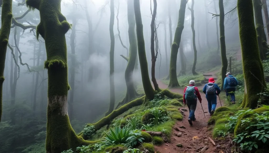 Trekkers hiking through cloud forest on the path from Lake Habema to Baliem Valley