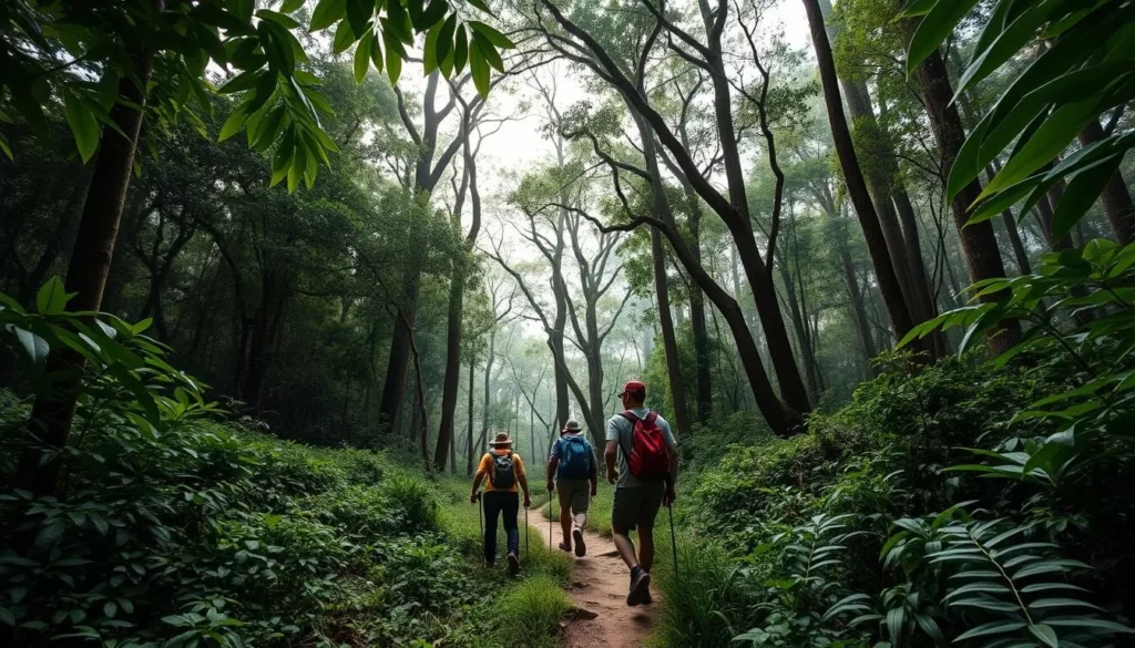 Trekkers hiking through dense jungle trail in Kayan Mentarang National Park with towering trees and thick vegetation