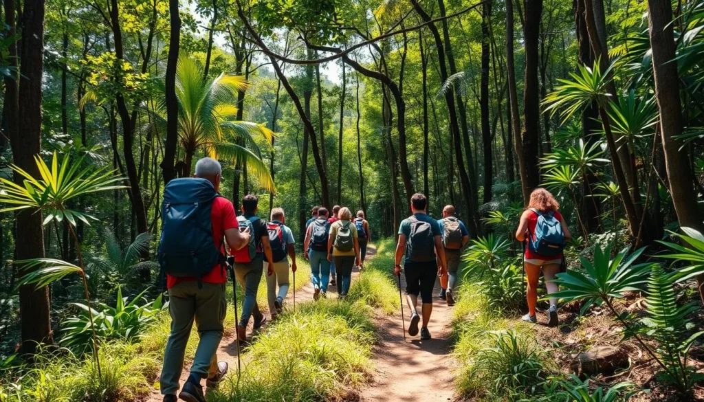 Trekkers hiking through the lush forest trails of the Annamite Range