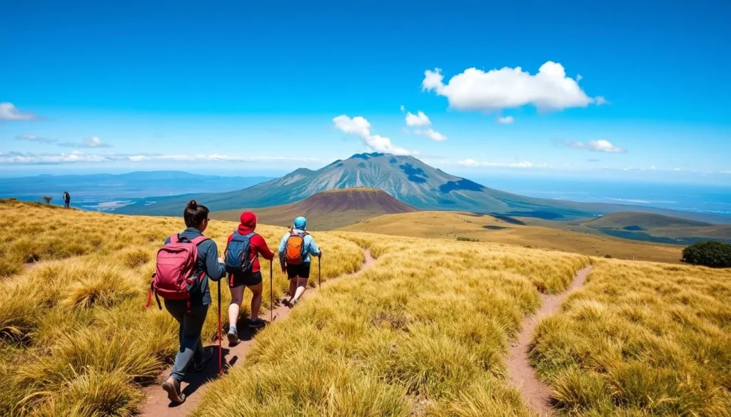 Trekkers hiking through the savanna grasslands on Mount Rinjani with backpacks Trekkers hiking through the savanna grasslands on Mount Rinjani with backpacks