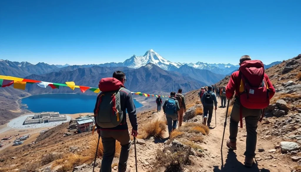 Trekkers hiking toward Thorthormi Lake during autumn with clear skies and colorful prayer flags