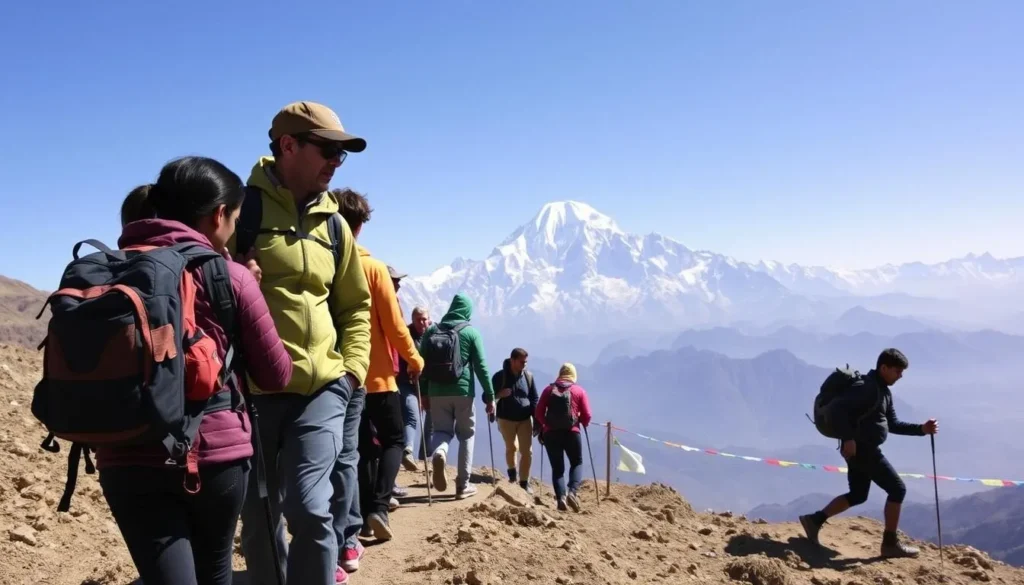 Trekkers hiking with view of Kula Kangri mountain