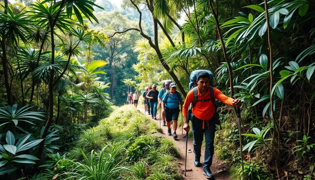 Trekkers navigating the trail towards Sumantri Peak base camp through jungle terrain