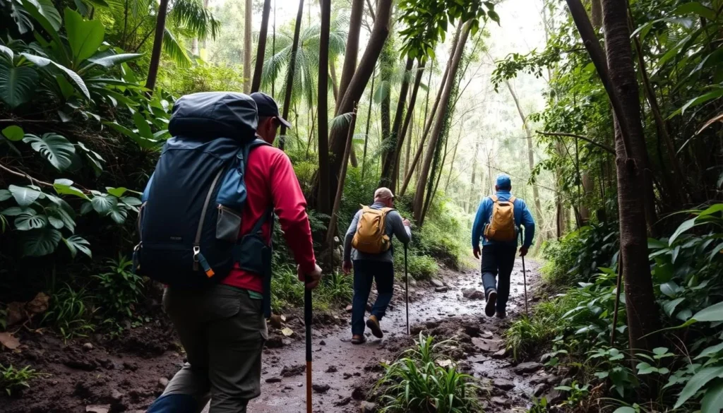 Trekkers navigating through the jungle trail on the way to Puncak Jaya base camp Trekkers navigating through the jungle trail on the way to Puncak Jaya base camp