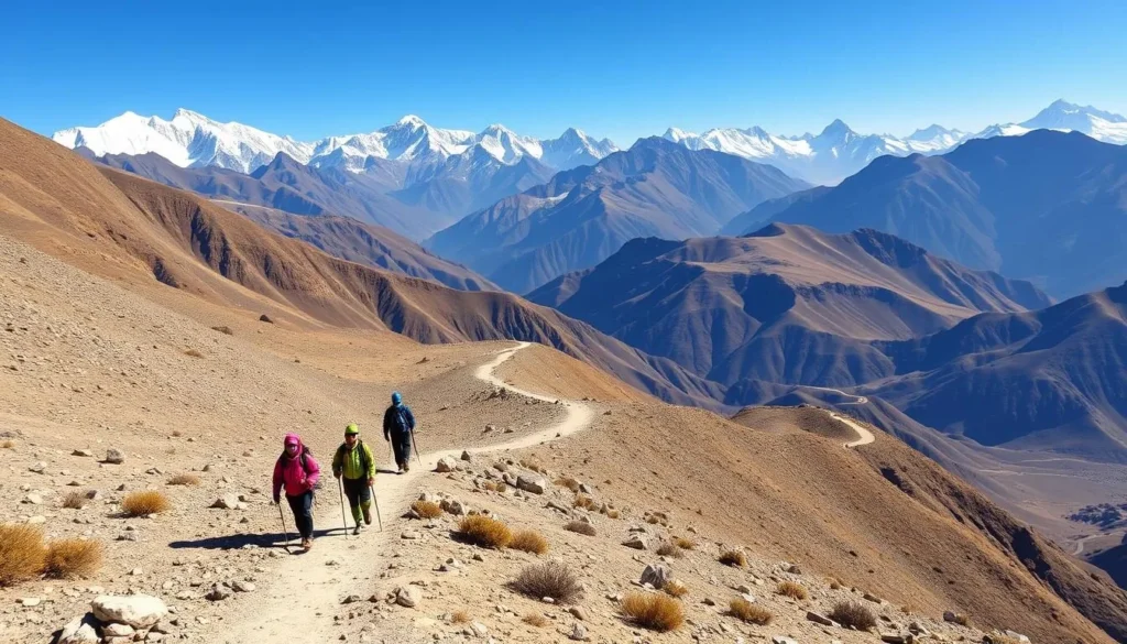Trekkers on a mountain trail in Ladakh with colorful gear against a backdrop of dramatic mountain peaks and valleys