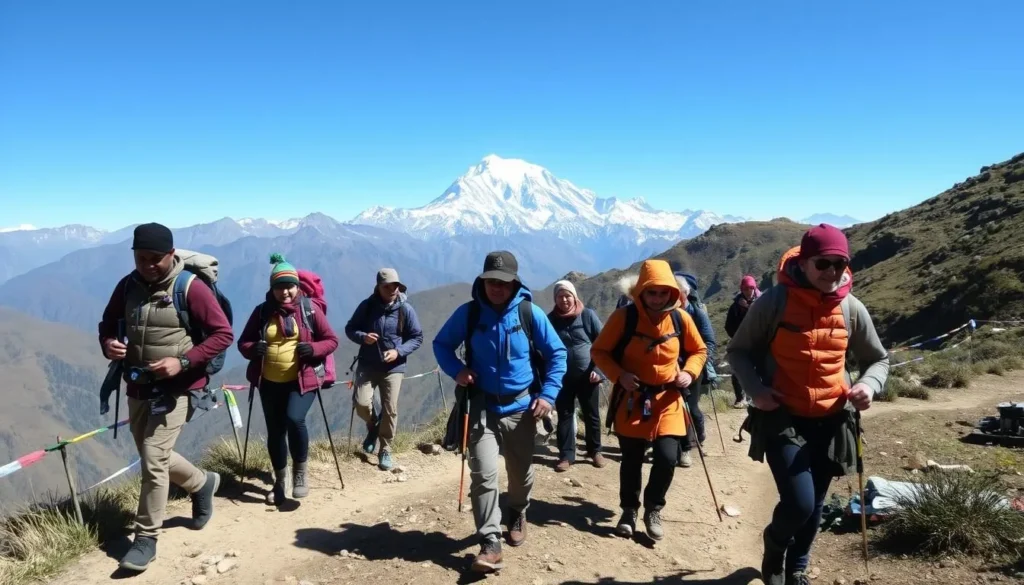 Trekkers on a mountain trail with views of Gangkhar Puensum in the distance, showing diverse hikers and local guide