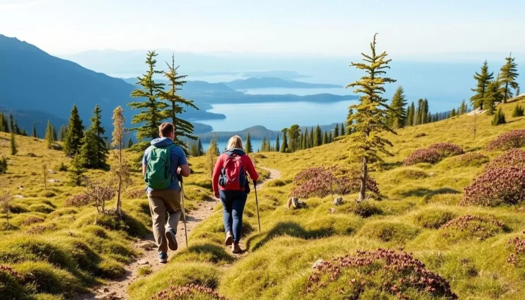 Trekkers on a path near Lake Habema with alpine meadows