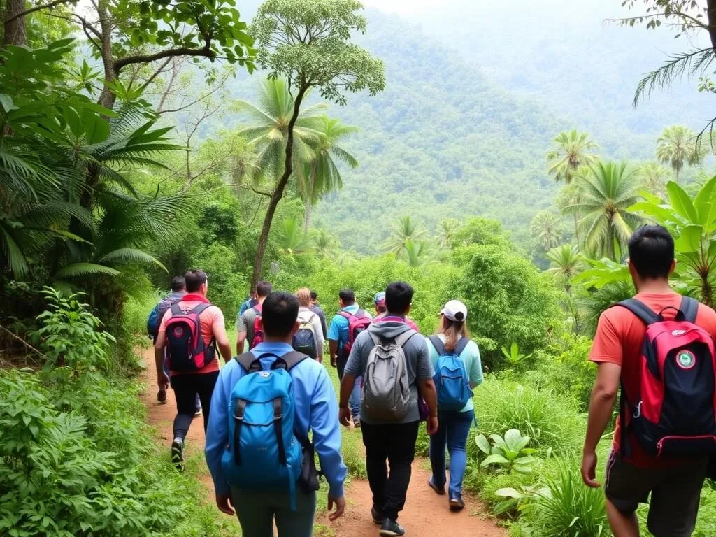 Trekkers on the Katang Trail through mixed forest in Dong Phou Vieng