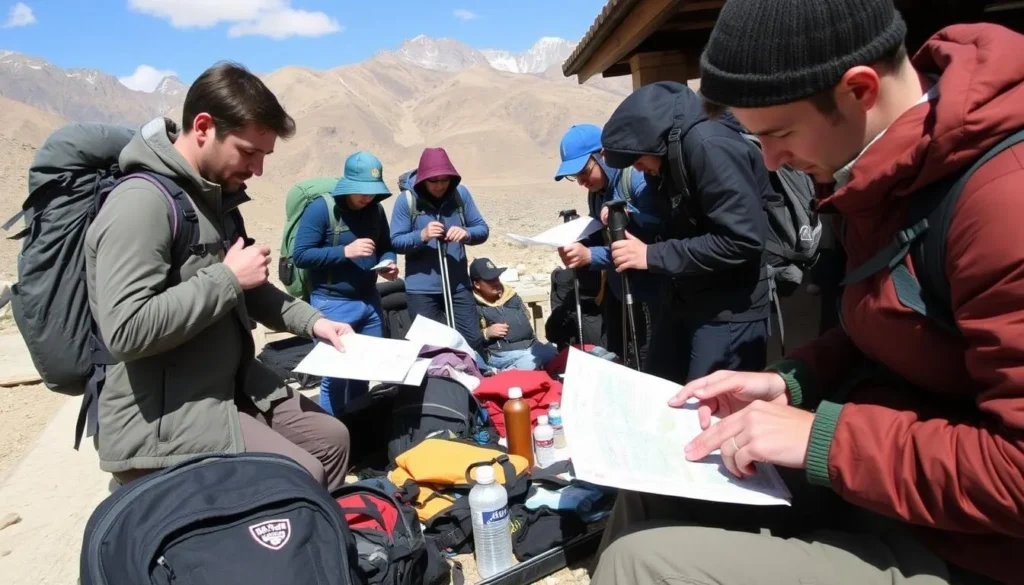 Trekkers preparing equipment for Toubkal hike with backpacks and hiking poles