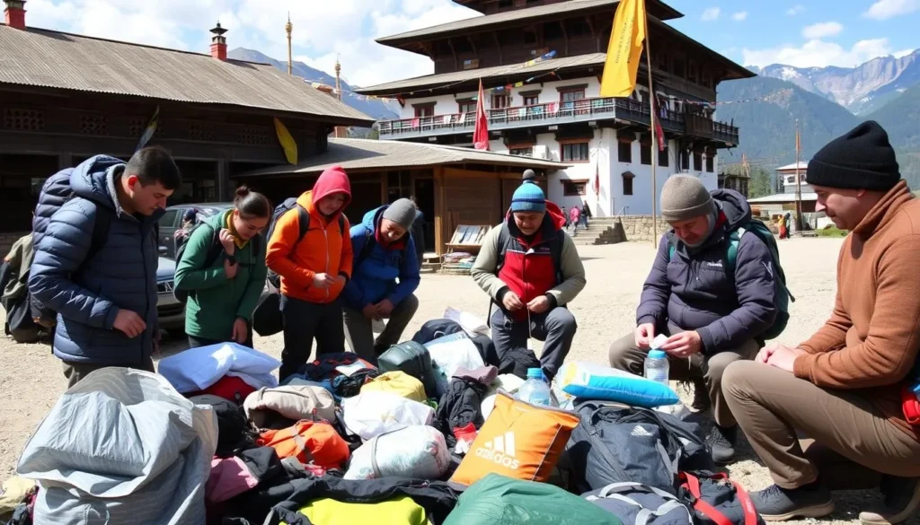 Trekkers preparing for Masagang trek with guides and equipment in Bhutan