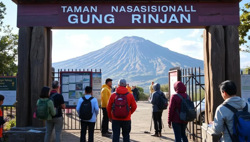 Trekkers registering at the Taman Nasional Gunung Rinjani entrance gate