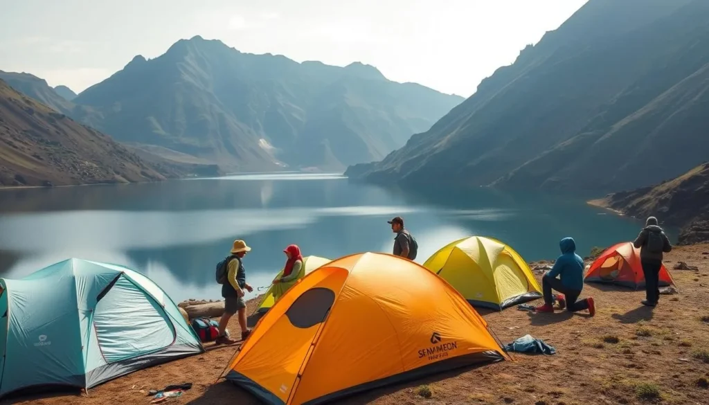 Trekkers setting up camp at Ranu Kumbolo with tents and camping equipment
