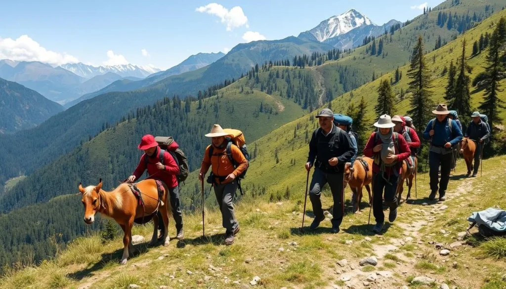 Trekkers with guides and pack animals on the trail to Raphstreng Tsho in Bhutan