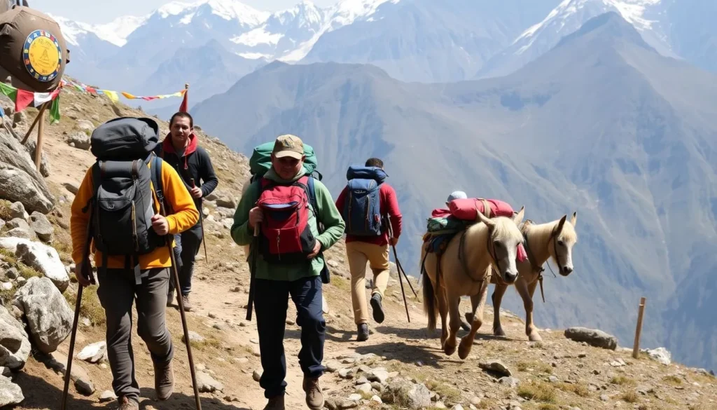 Trekkers with local guides and pack animals on Masagang trail