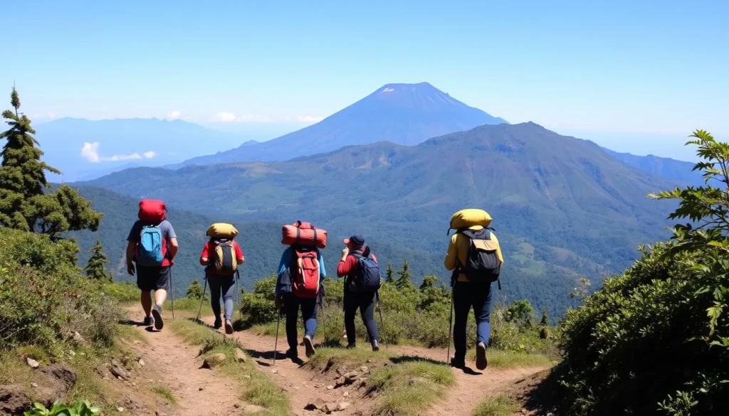 Trekkers with local guides and porters on Mount Rinjani trail carrying equipment Trekkers with local guides and porters on Mount Rinjani trail carrying equipment