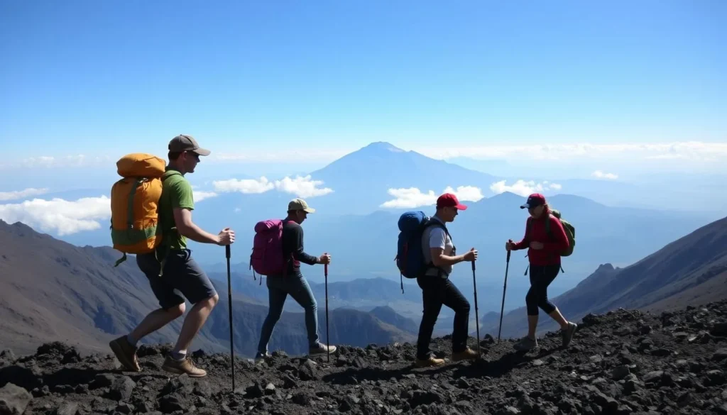 Trekkers with local guides navigating steep terrain on Mount Rinjani with proper equipment Trekkers with local guides navigating steep terrain on Mount Rinjani with proper equipment