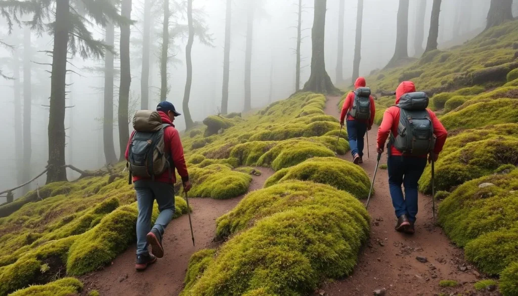 Trekkers with proper equipment hiking through the montane forest zone of Lorentz National Park Trekkers with proper equipment hiking through the montane forest zone of Lorentz National Park