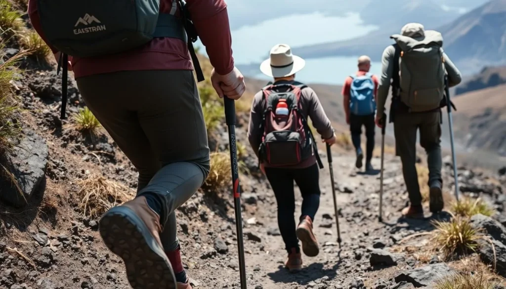 Trekkers with proper gear hiking on Mount Rinjani trail towards Lake Segara Anak Trekkers with proper gear hiking on Mount Rinjani trail towards Lake Segara Anak