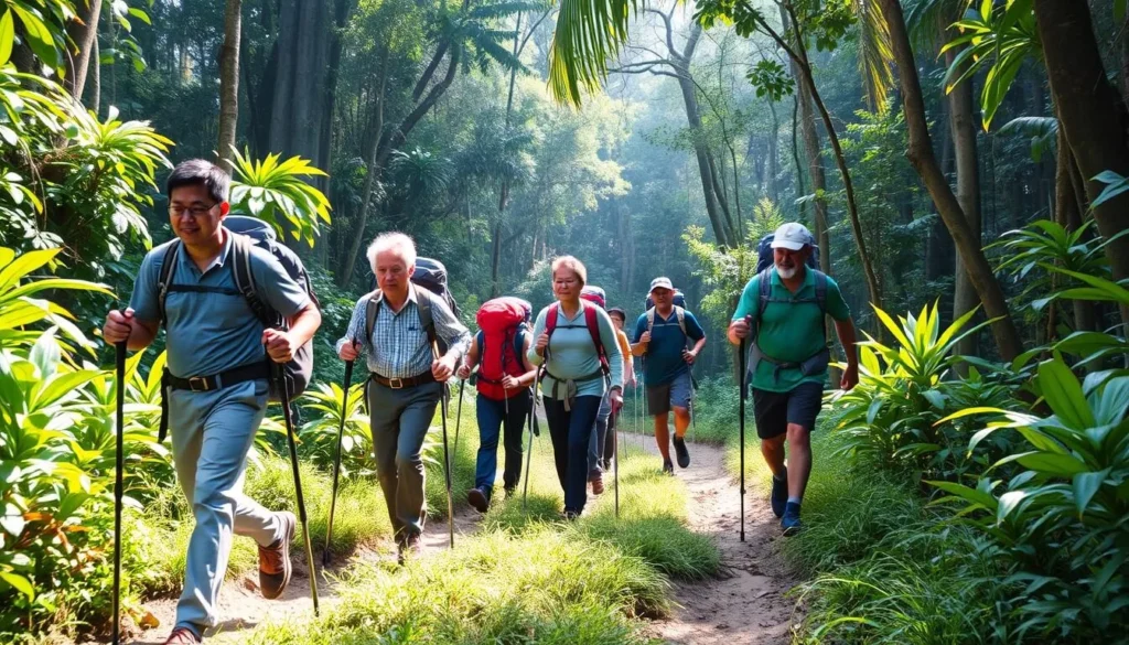 Trekkers with proper gear hiking through Bukit Tigapuluh National Park Trekkers with proper gear hiking through Bukit Tigapuluh National Park