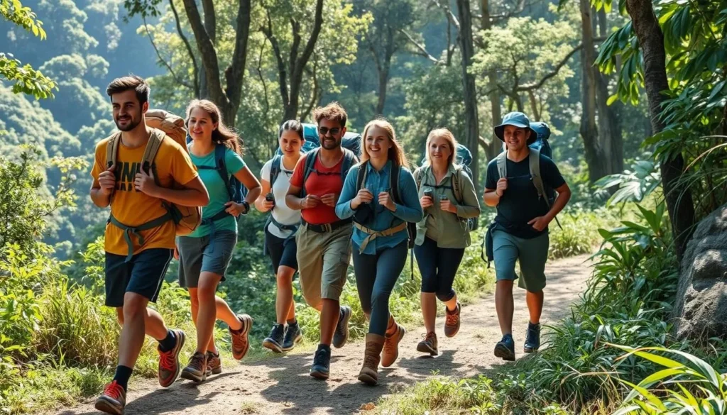 Trekkers with proper gear hiking through the jungle on the Ciudad Perdida trail