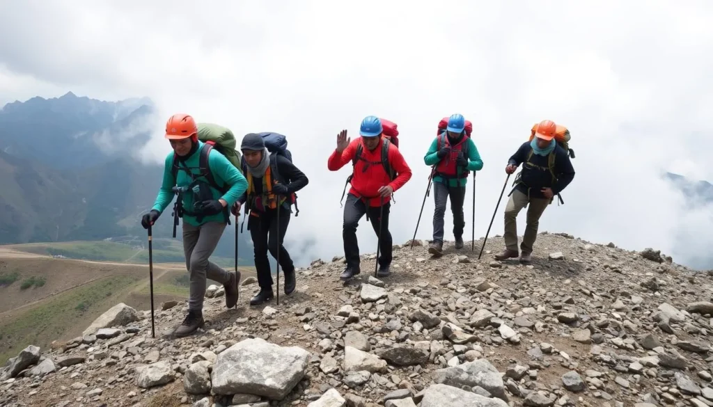 Trekkers with proper safety equipment climbing Mount Kerinci