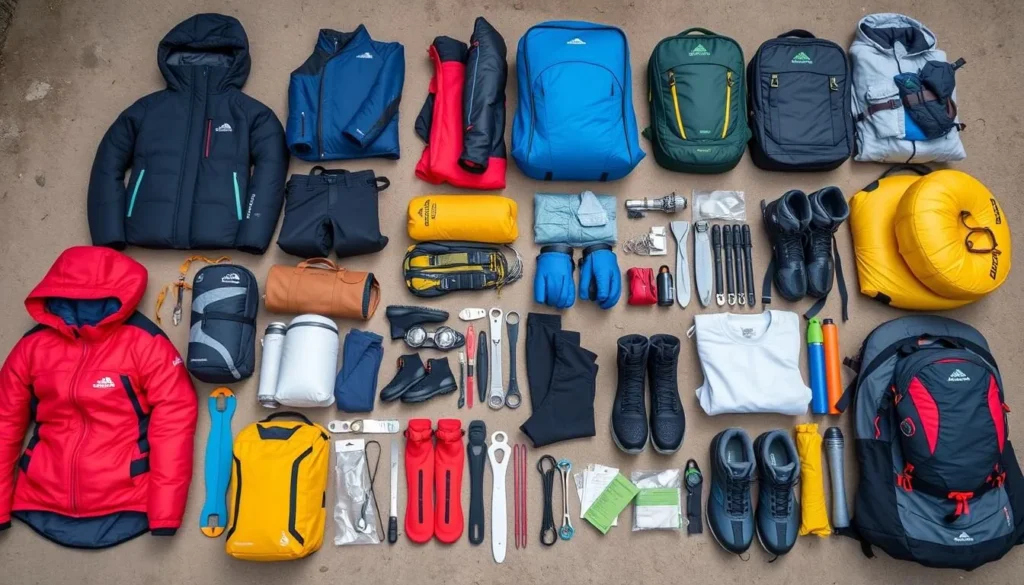 Trekking equipment laid out for a Puncak Trikora expedition including cold weather gear Trekking equipment laid out for a Puncak Trikora expedition including cold weather gear