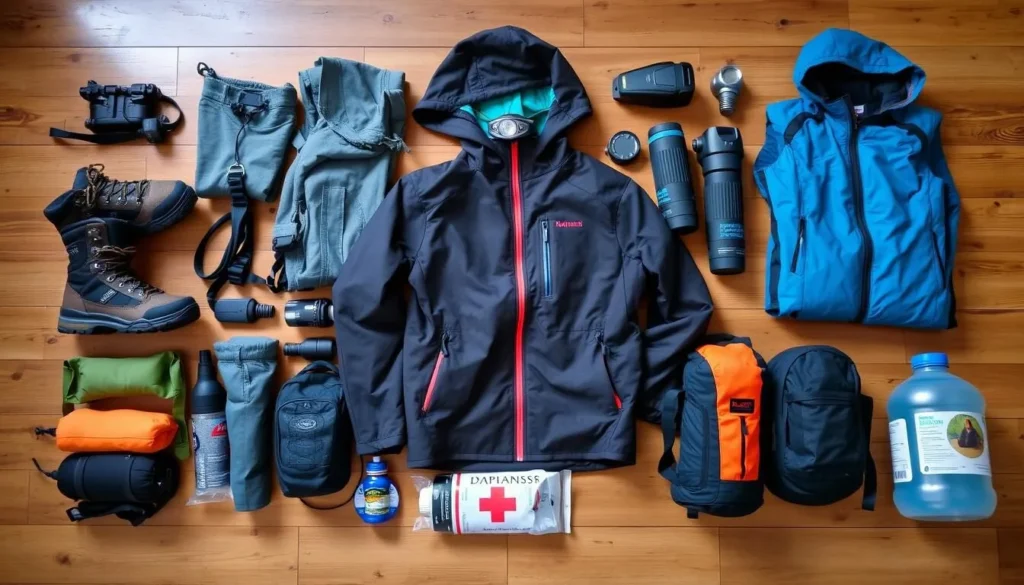 Trekking equipment laid out including hiking boots, clothing layers, headlamp and water bottles for Mount Rinjani trek Trekking equipment laid out including hiking boots, clothing layers, headlamp and water bottles for Mount Rinjani trek