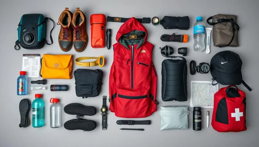 Trekking gear and essentials laid out for Mount Kerinci climb