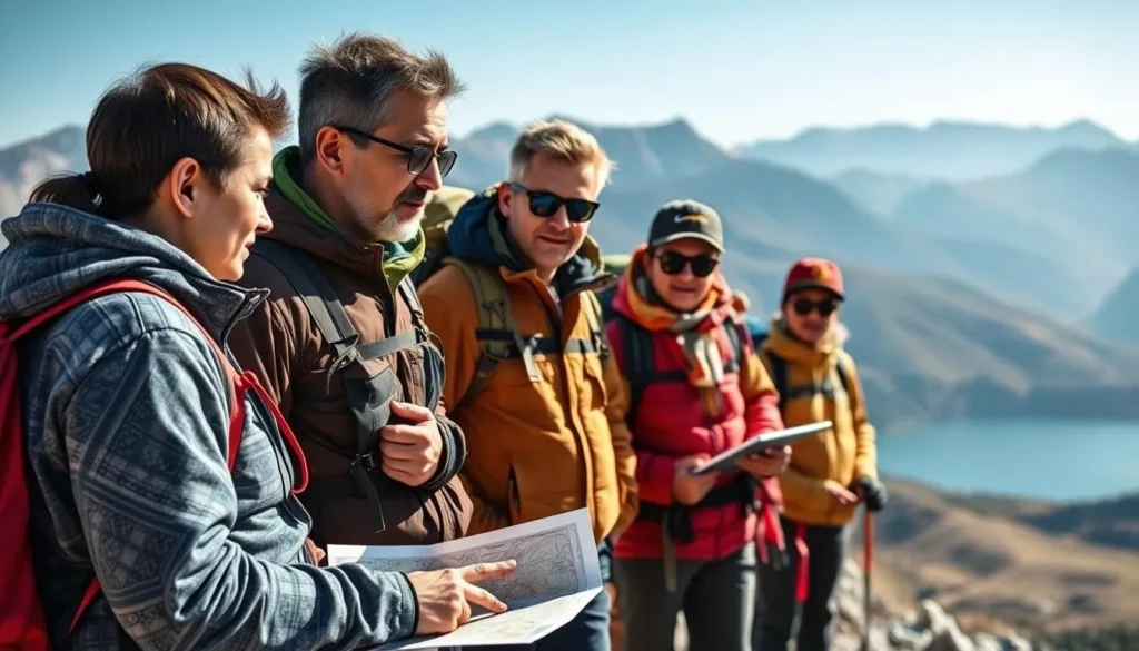 Trekking guide explaining safety procedures to hikers with Thorthormi Lake visible in the background