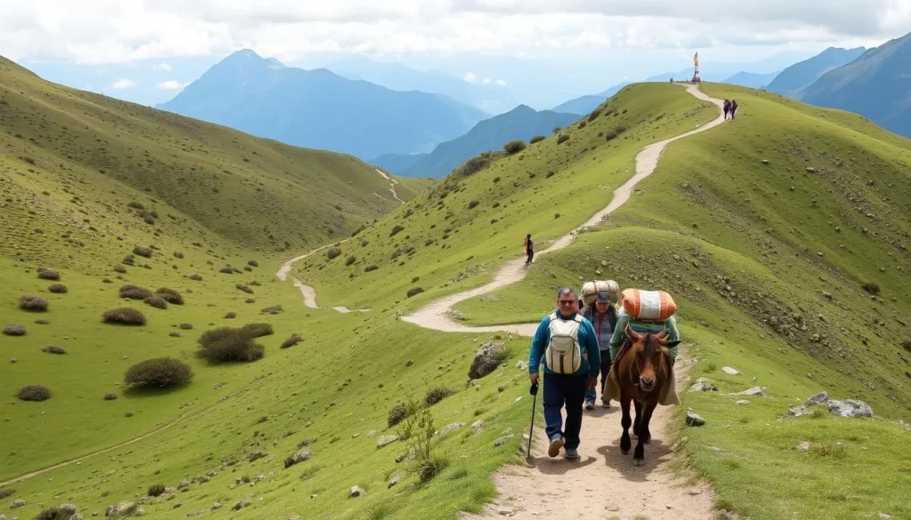 Trekking path between Merak and Sakteng villages with local guide and pack animals