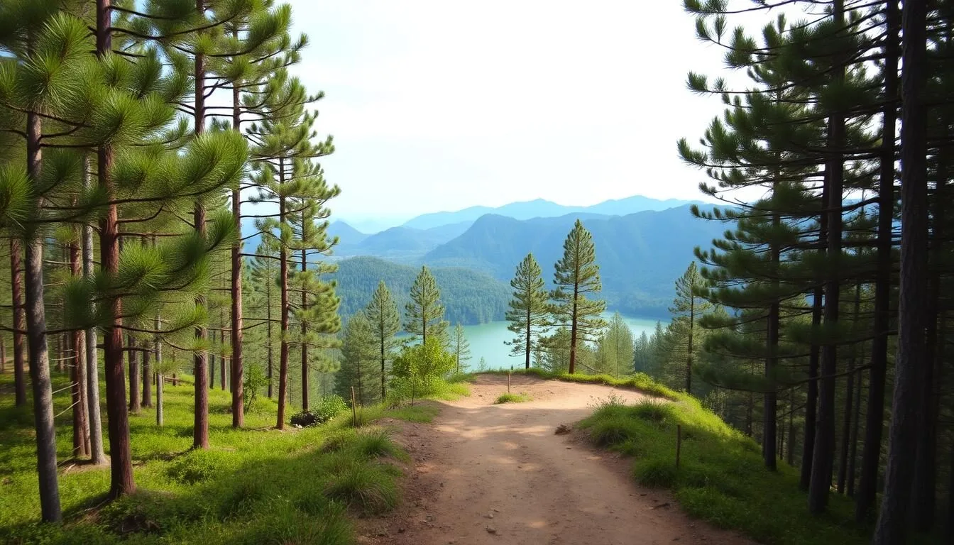 Trekking path leading to Lake Ranu Kumbolo through pine forests in East Java, Indonesia