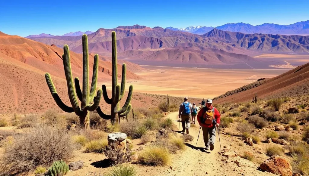 Trekking through the dramatic landscapes near Humahuaca with cacti and colorful mountains