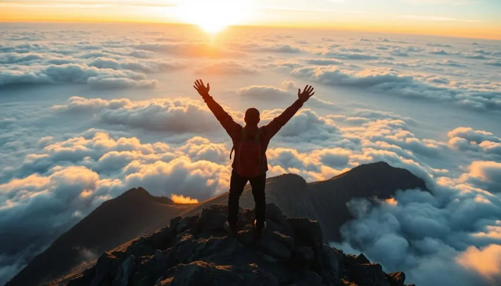 Triumphant trekker at Mount Kerinci summit with arms raised in celebration