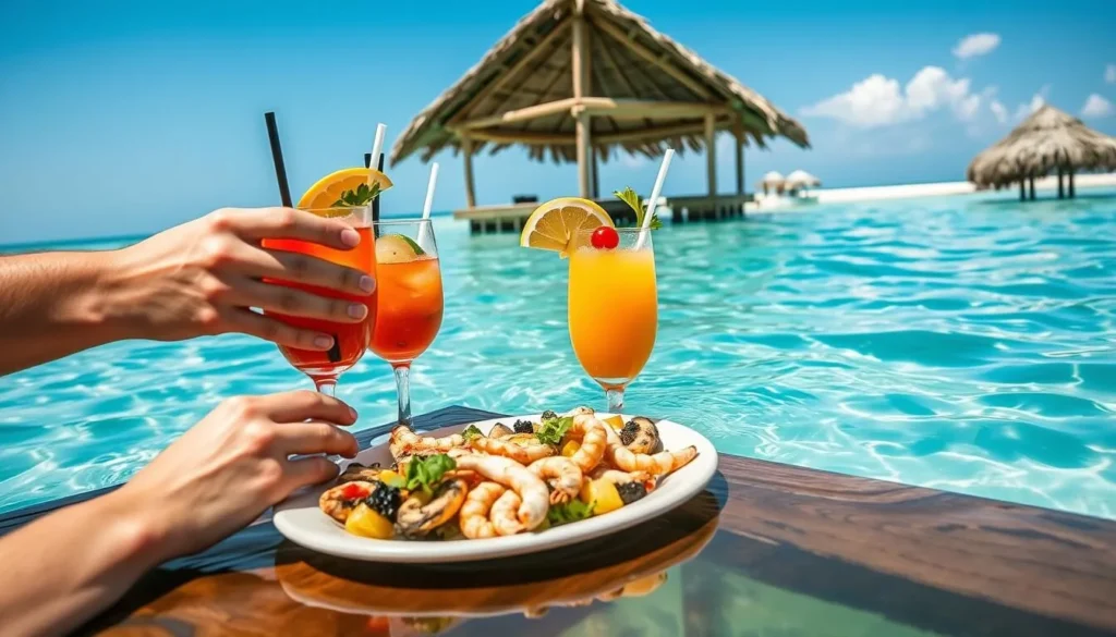 Tropical cocktails and seafood being served at a table in the water at Secret Beach, Belize